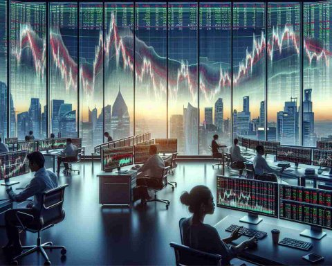 A highly detailed, realistic image representing an unprecedented challenge for the stock market. It depicts unprecedented fluctuations in stock market graphs, with red and green lines indicating price changes. Trading screens are filled with numbers and charts, reflecting volatility and uncertainty in the market. Traders, Asian woman and Middle-Eastern man, can be seen analyzing these complex graphs on computer screens in a bustling trading floor filled with people of various descents and genders. Office setup with tables, chairs and terminals scattered around sets the scene. Outside of the large glass windows, a global city skyline at sunset is faintly observed.