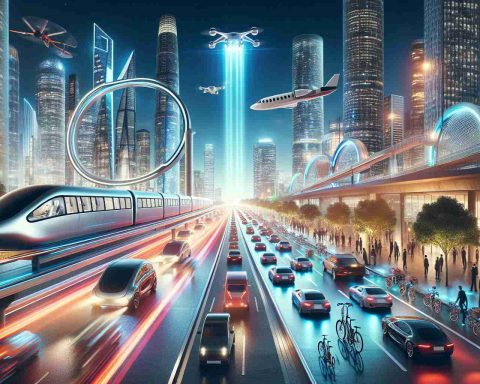 A high-definition, photo-realistic image representing the future of urban transport. It envisages an exciting scene of innovation about to be unveiled at a futuristic technology expo in the year 2024. The setting includes modern, sustainable city transport methods, possibly including autonomous vehicles, sleek hyperloops, vertical take-off and landing aircraft, and eco-friendly bicycle solutions. Bright city lights, bustling movement, and the palpable anticipation of upcoming innovations is prominent. This image represents the thrill and promise of technological advancement in commuting within city boundaries.