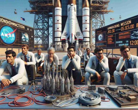 A high-definition, realistic image depicting the concept of space exploration ambitions on hold, focusing specifically on an unofficial groundbreaking mission. The scene shows technical equipment indicating advanced technology and several scientists with a mixture of emotions, including disappointment and determination. They are of various descents such as Caucasian, Hispanic, and South Asian. Behind them, the launch site with the mission's emblem painted on a nearby wall, a rocket is noticeably idle, symbolizing the mission facing setbacks.