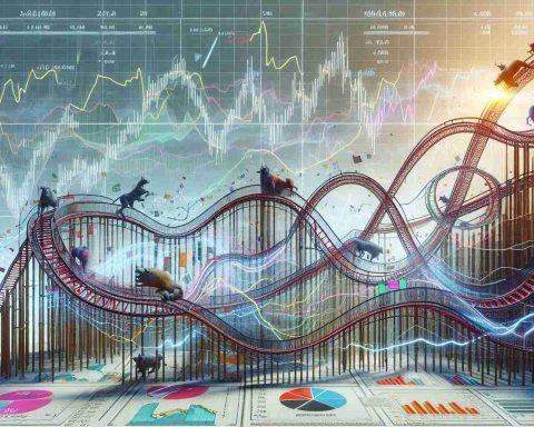 High-definition, realistic image of the concept of 'market turbulence'. Visualize the stock market as a metaphorical rollercoaster, with stock graphs and charts twisting and turning like the tracks of a thrill ride. Include various stock indices represented in the shape of a rollercoaster in an amusement park. Try capturing sharp turns, high peaks and deep valleys in the rollercoaster layout to mirror the volatility of the stock market. The scene should be dramatized using colors and symbols associated with the financial industry (such as arrows for movement, bulls and bears for market trends).