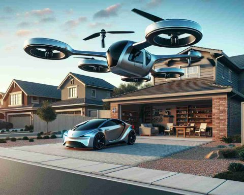 Create a high-definition, realistic image that represents a futuristic concept: flying vehicles in residential settings. The image should encompass the idea behind the phrase 'Discover Tomorrow's Vehicles', wherein these flying cars are depicted in a typical home driveway, indicating a not-so-distant future where such technology might become commonplace.