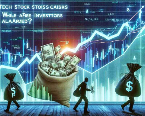 Generate a high-definition, realistic scene of a stock chart for an anonymous technology company with a rising trend line, overlaid with symbolic images of insiders bags filling with cash, all under the headline 'Tech Stock Soars While Insiders Cash Out! Are Investors Alarmed?'