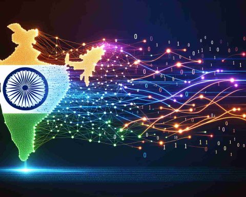 Create a high-definition, realistic image showing a symbol for India (like the Ashoka Chakra) dynamically jumping over a complex network of nodes and lines, representing a leap in data science. The lines and nodes should glow in neon colors against a darker background for a visually striking contrast. Additionally, include binary codes flowing through the lines to denote the flow of data.