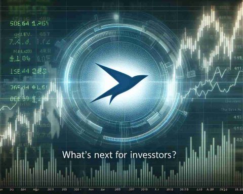 Generate a realistic, high-definition image depicting the concept of 'Shares Dipping Slightly'. This should show a graphical representation of a stock market where one particular stock, which can be symbolized by an arbitrary logo, is experiencing a slight dip. Overlay this with the text 'What's Next for Investors?' to indicate uncertainty and speculation about future market trends.