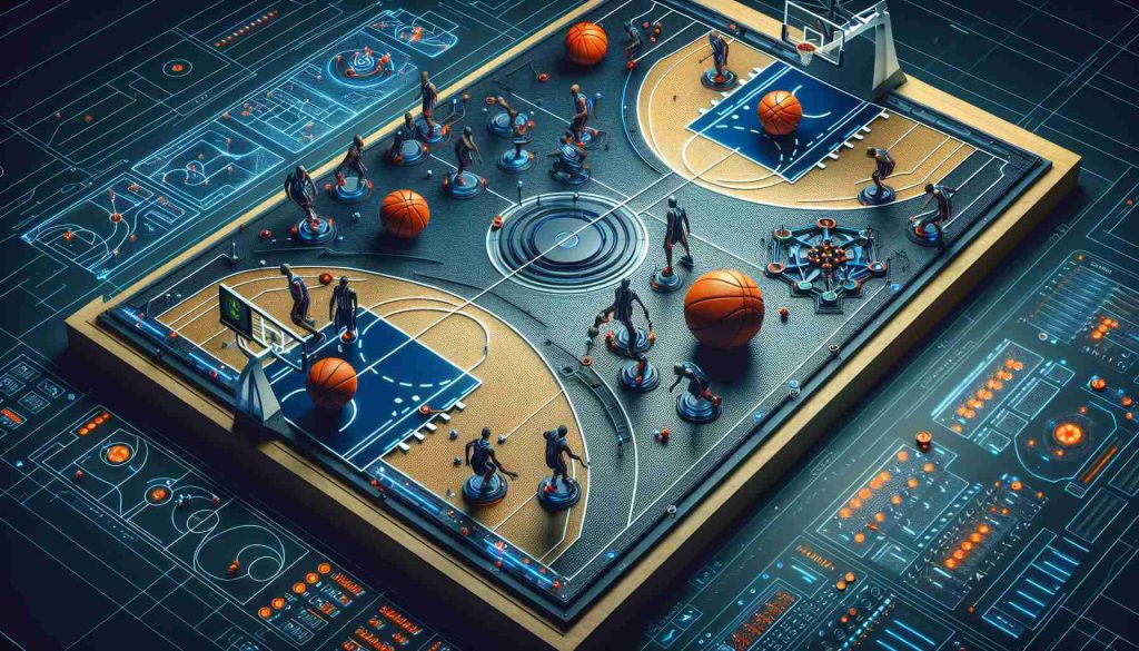 Generate a realistic, high definition image of a modern basketball strategy playbook. The playbook could include innovative use of spacing, detailed plays, and various team formations, hinting towards an integration of artificial intelligence in strategizing.