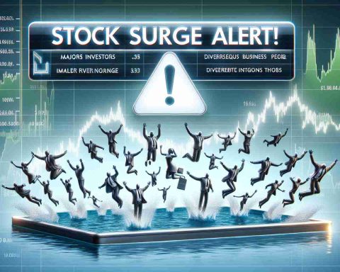 A realistic high-definition image representing the concept of a surge in stock market investment. The image should feature a stylized alert graphic with the words 'Stock Surge Alert!' prominent. There should also be an element representing major investors 'diving in', such as symbols of diverse business people leaping into a pool that symbolizes the company 'Palantir Technologies', but make sure not to include any specific logos or identifiable markings.