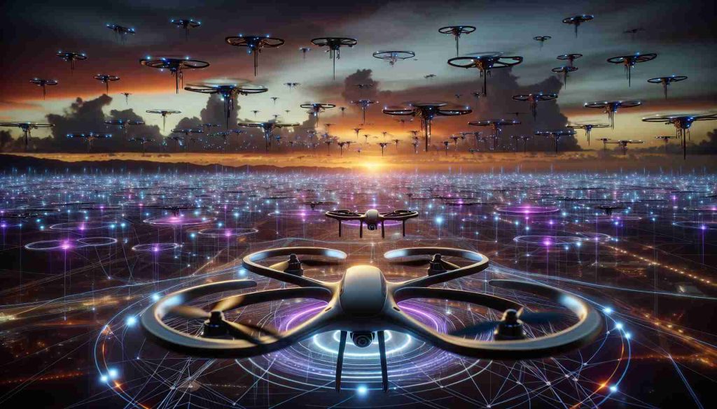 An image portraying a technology-transformed future sky, saturated with revolutionary drones. The drones have a sleek, aerodynamic design, equipped with the latest technologies that contribute to their advanced functions. The vision is realistic, high definition, and depicts an evening sky with hues of orange, purple and blue, glowing with the sunset as a backdrop. A few drones are highlighted in the foreground, demonstrating their complex structures, while numerous drones dot the sky in the background, forming an intricate network overhead. This image symbolizes the impact of innovative drone technology on our imminent future.