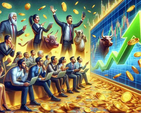 Depict a realistic high definition image representing the concept of surprising stock market moves. Illustrate a dynamic scene of a diverse group of South Asian, Hispanic, and Middle-Eastern individuals eagerly following the stock market on large screens, their faces a mix of surprise and resolve. Include symbols of financial opportunity such as golden coins, a bull to symbolize a bullish market, a bear for a bearish market, and a green upward arrow to indicate growth. Pay attention to details to embody the urgency and tension of seizing time-sensitive opportunities.