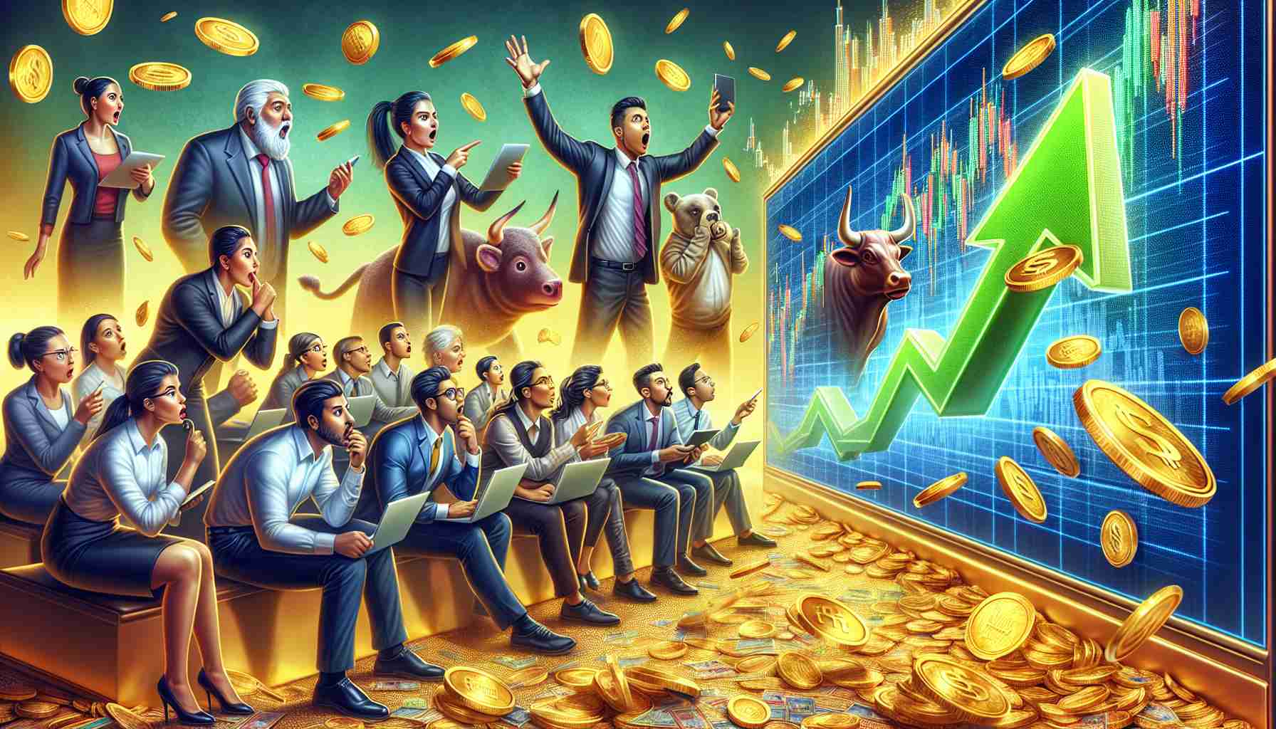 Depict a realistic high definition image representing the concept of surprising stock market moves. Illustrate a dynamic scene of a diverse group of South Asian, Hispanic, and Middle-Eastern individuals eagerly following the stock market on large screens, their faces a mix of surprise and resolve. Include symbols of financial opportunity such as golden coins, a bull to symbolize a bullish market, a bear for a bearish market, and a green upward arrow to indicate growth. Pay attention to details to embody the urgency and tension of seizing time-sensitive opportunities.