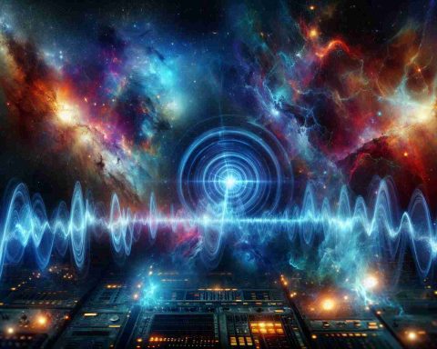 A high-definition, realistic illustration of a new cosmic radio burst discovery. The scene showcases intense, vibrant colors of deep space, with galaxies, stars, and nebulae crowding the scene. In the foreground, the radio bursts are depicted as waves of luminescent energy, seeming to come from an unexpected, mind-blowing source.