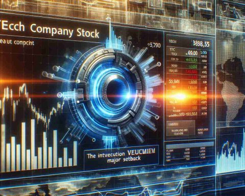 A realistic high-definition image depicting a conceptual representation of the stock market with a particular focus on the tech sector. One stock profile labeled 'Tech Company Stock' is highlighted, symbolizing Palantir Technologies. The stock profile shows a decline, signifying a potential major setback. Surrounding the central stock profile are various graphical trends and data analysis representing recent industry developments.