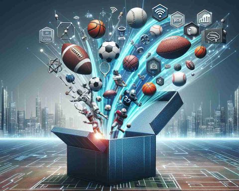 Realistically detailed high definition image showing the metaphorical concept of streaming sports. The concept is visualized as a Pandora's box being opened, from which various sports equipment like footballs, baseballs, and basketballs are coming out. On the side of the box, digital symbols and elements like Wi-Fi signals, cloud computing icons, and linear line graphics representing data streams are drawn, showing the merging of sports and technology. In the background, futuristic cityscapes with tall skyscrapers and digital billboards suggest a rapidly advancing technological society prepared for the future.