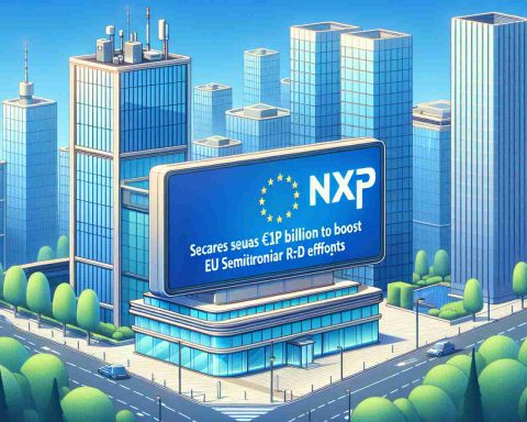 Illustration of a large sign with the text 'NXP Secures €1 Billion Loan to Boost EU Semiconductor R&D Efforts' placed in front of a modern corporate building. The background skyline features tall glass buildings representing European technology hubs. High-definition visual detailing is required for a realistic appearance.