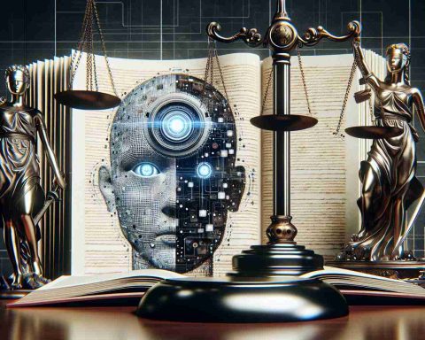 Create a hyper-realistic, high-definition (HD) visual representation of the intersection between artificial intelligence (AI) and justice. Show an AI system (represented as a futuristic computer, perhaps) on one side, and traditional symbols of justice (a gavel, balance scales) on the other. Between them, display a large, dramatic document, symbolizing a landmark verdict. Also, represent the overall mood of the image as serious and reverential to capture the significance of the concept.