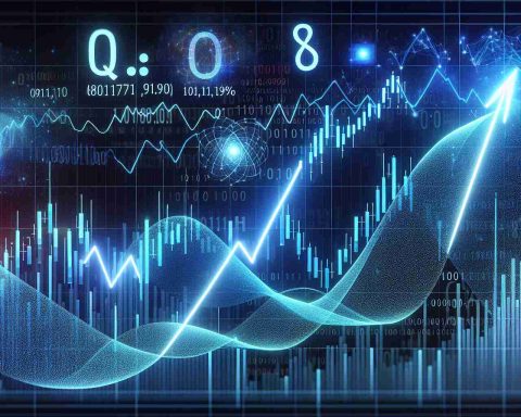 A high-definition, realistic representation of the concept of a stock surge for a hypothetical tech company's value due to the potential impact of quantum computing. The image should incorporate suitable stock market elements, such as an upward trending line chart, along with symbols of quantum computing like binary digits and quantum superpositions.