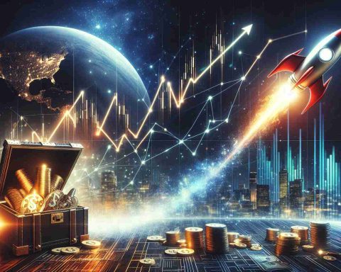 Generate a realistic high-definition image symbolizing the explosive growth of a tech company, as a potentially game-changing opportunity for investors. The image should include a visualization of the success formula, such as a chart showing a massive upwards trend, a rocket taking off suggesting meteoric growth, and perhaps a glowing treasure chest indicating the wealth generated. Note: The image should not reference any specific company.