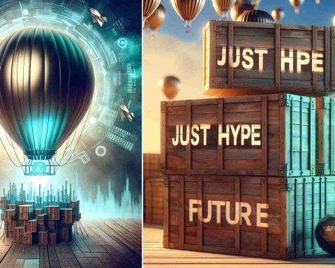 Generate a realistic HD image showcasing the concept of a 'secret weapon' represented by an advanced, futuristic technology and 'just hype' symbolized by a helium balloon on the verge of burst. Beside them, create a fanciful futuristic depiction of stock market with a focus on stocks symbolized by old wooden sea freight boxes with the word 'Future' carved on them.