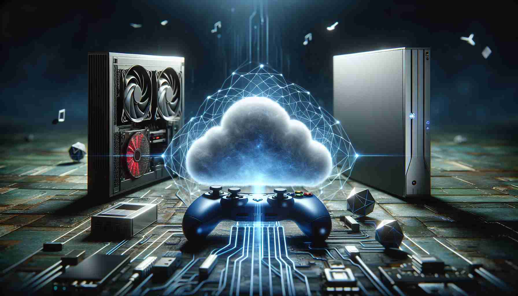 High-definition, realistic image showcasing the concept of cloud gaming revolution. Depict a futuristic scene with advanced gaming hardware and cloud symbols, indicating the possible future of cloud gaming technology and how it can change the gaming industry.