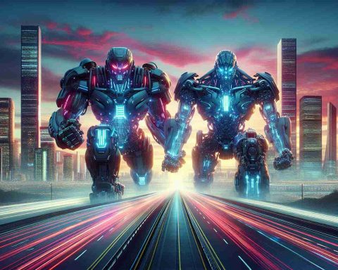 Create a realistic, high-definition image that depicts the metaphorical concept of 'Charging into the Future'. This visual metaphor involves two colossal robotic entities, designed to look like powerful automobiles, joining forces. These giants are speeding down a futuristic highway lined with neon-lit skyscrapers, while the sky above them shifts with vibrant hues of dusk. The entire scene should be designed to convey a sense of advancement, strength, collaboration, and the transition into a modern, technologically-advanced era.