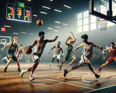 A high definition, realistic portrayal of a basketball court with emerging young players showcasing their skills. The image focuses on the energetic scenes of the game, illustrating how the dynamics of the National Basketball Association(NBA) are continually evolving with the influence of new talent. Characters should include a diverse range of gender and ethnic backgrounds, such as an African American point guard coordinating the offense, an Asian shooting guard aiming for a three-point line, a White center player defending the basket, and a Hispanic female coach on the sideline, highlighting the transformation of traditional basketball roles and dynamics.