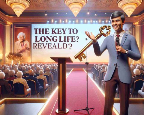 A realistic, high-definition photo representing the concept of 'The Key to a Long Life?' A successful media professional aged 42 is caught in a candid moment, standing on a stage, revealing their secret to longevity. They are of South Asian descent and presenting to an eager audience, holding a symbolic key in their mid-air gesture. The setting is a grand hall with warm lights, plush red carpets, and opulent decorations. A large banner reading 'Secret to Long Life Revealed' hangs prominently behind them.