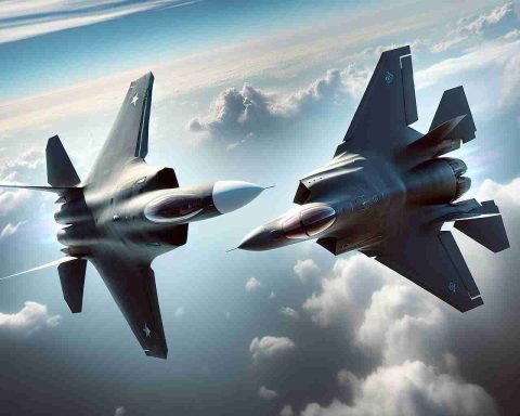 A hyper-realistic, high-definition image of a hypothetical face-off between two advanced fighter jets: the Russian SU-57 and the American F-35. The jets are in the midst of a hair-raising maneuver in mid-air, with the backdrop of a cloudy sky. The tension of their competing power is palpable, creating a captivating sense of suspense and leaving viewers questioning: which of these aerial beasts reigns supreme?