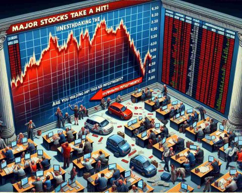 A detailed image depicting the metaphorical concept of major stock indexes having a significant drop. The main focus should be on a scene which displays a large, realistically designed stock market board with red numbers indicating a downward trend. Other elements can include worried investors observing the financial changes, people studying financial reports intensively, or brokers hastily making phone calls. The caption 'Major Stocks Take a Hit! Are You Holding Any of These Troubling Investments?' should be prominently displayed somewhere within the scene.