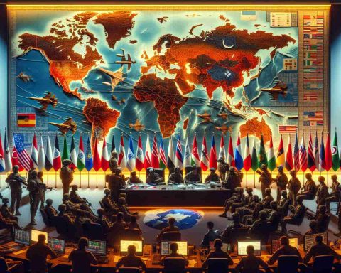 Generate a realistic, high-definition image depicting a conceptual representation of rising tensions in an unspecified global conflict zone, possibly involving an international alliance. The scene should include symbols associated with diplomacy, military power, and global politics. The setting could be a war-stricken landscape, a bustling press conference, or an operational military headquarters. It could also include a map highlighting a Middle Eastern country, representative flags, and military insignia, summarizing the escalating geopolitical situation.