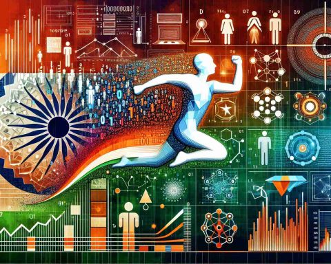 Vivid, detailed image of a symbolic representation showcasing India's significant strides in Data Science. The foreground shows a large leap symbolic figure with a background showing elements of Data Science such as binary digits, algorithms, patterns, and data visualizations. The second part of the image shows a futuristic, advanced scene illustrating the evolution of statistics, with elements such as predictive models, quantitative analysis illustrations, and state-of-the-art software technology.