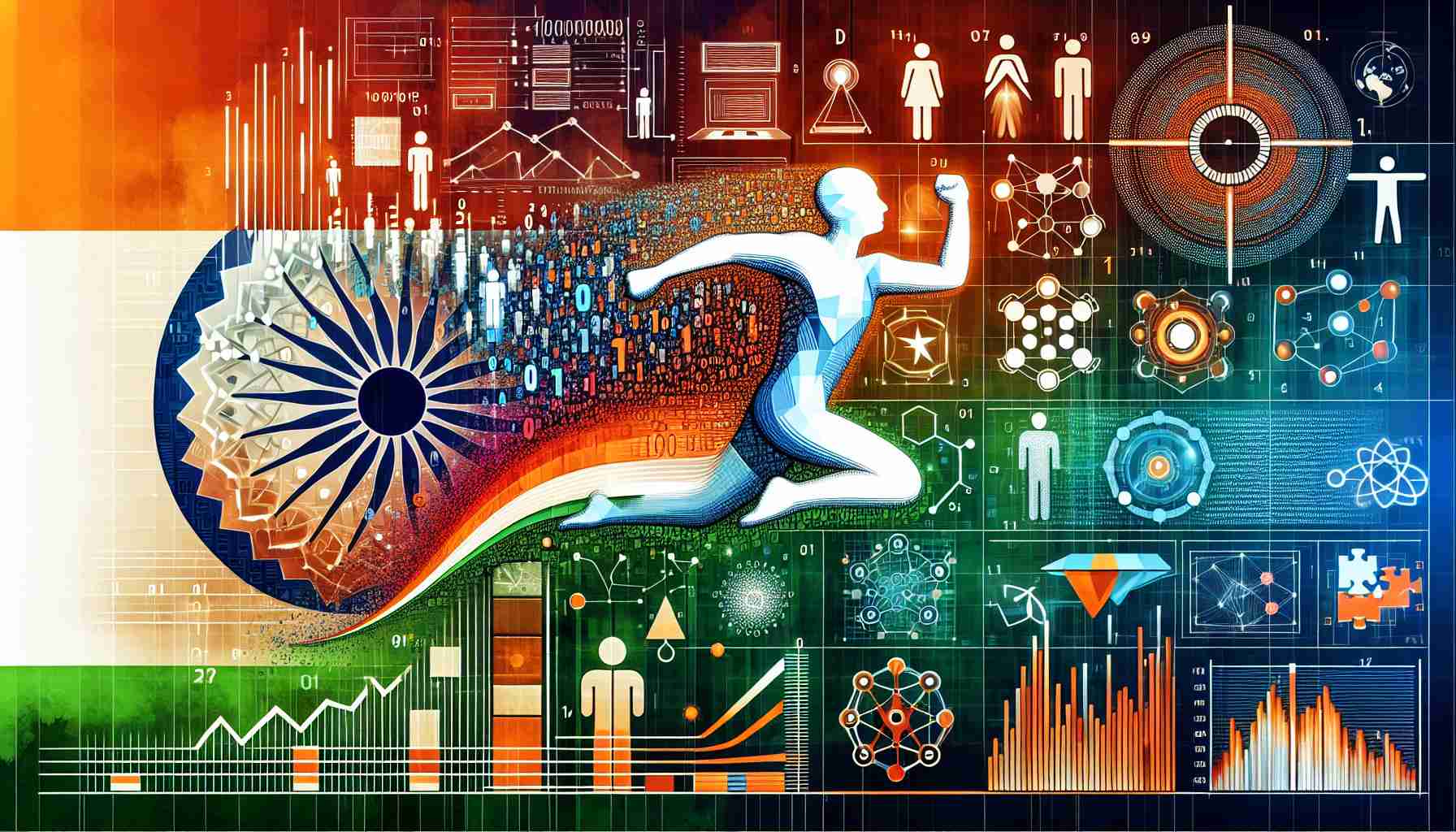 Vivid, detailed image of a symbolic representation showcasing India's significant strides in Data Science. The foreground shows a large leap symbolic figure with a background showing elements of Data Science such as binary digits, algorithms, patterns, and data visualizations. The second part of the image shows a futuristic, advanced scene illustrating the evolution of statistics, with elements such as predictive models, quantitative analysis illustrations, and state-of-the-art software technology.