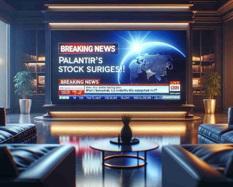 A high-definition, realistic image of a breaking news scenario. The main focus of the image is a television screen broadcasting a news headline that reads 'Breaking News: Palantir's Stock Surges! What's Behind This Unexpected Rise?'. The television is in a modern, elegant and well-furnished room with the lights dimmed to focus on the breaking news, symbolizing the importance of the event.