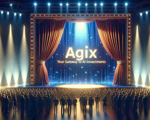 Create a high-definition, realistic image portraying the unveiling of 'AGIX: Your Gateway to AI Investments'. The scene should embody the excitement and anticipation associated with a big reveal, perhaps by including a grand stage with a massive curtain about to be pulled back. Vibrant lights and a curious crowd awaiting the big moment could add to the atmosphere. Please do not miss out on any detail, emphasis on the anticipation and excitement for AI investments.