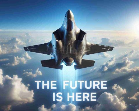 A highly detailed and realistic image of a state-of-the-art jet aircraft soaring to new heights against a bright sky. The aircraft, which is reminiscent of the advanced technology often associated with the F-35 Lightning II, boasts sleek lines and a streamlined design. The phrase 'The Future is Here' appears boldly in the lower part of the image, emphasizing the modernity and the progression of technology. The background is a vivid blue, dotted with fluffy white clouds, suggestive of an expansive, unceasing sky, symbolizing endless possibilities and the height of human achievement.