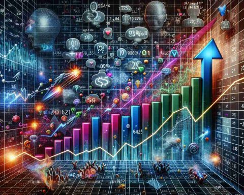 A highly detailed, realistic image of a stock market graph with rising arrows, showcasing the increase in the value of an anonymous tech company. The graph is portrayed on a multicolored backdrop formed by digits and mathematical formulas, displaying an increasing trend line. Various expressions of astonishment and excitement from unseen investors can be seen in the form of thought bubbles with phrases such as 'Can't believe these numbers!' and 'Impressive returns!'.