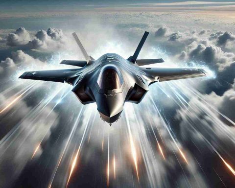 Create a high-definition, realistic image that visualizes the extreme speed and power of the F-35 stealth fighter. Show the aircraft in mid-flight, exuding a sense of mystery and top performance. Make sure to emphasize its sleek and aerodynamic design, known for its advanced stealth capabilities. The surroundings should be a clear, blue sky with layers of white clouds, suggesting high altitude. Introduce elements like air friction sparks or booming sonic effects at the edge of the craft to illustrate its impressive top speed.