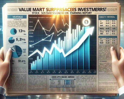 Create a realistic HD image in the style of a business news report. The feature should be a graph detailing the climb of hypothetical 'ValueMart' stock prices, highlighting a significant surge. Make sure to convey a positive ambiance with bright tones and upward directed arrows. Around the graph, include a headline stating 'ValueMart surprises Investors! Stock soars on earning report'. Use neutral colors such as blues, grays and whites for the background and elements. Make sure everything is crisp and clear to replicate the high-definition requirement.