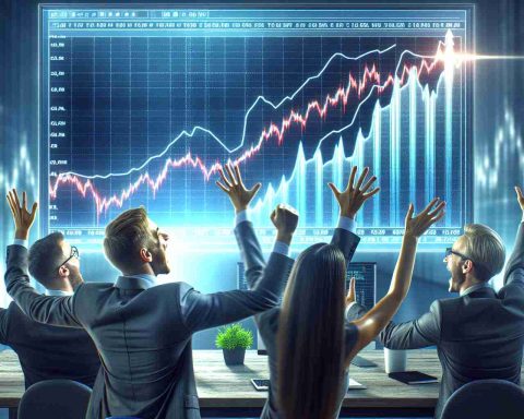 A high definition, photorealistic image representing a significant surge in stake of a major technology company, depicted as a sharply rising graph on a display screen with excited investors looking on.