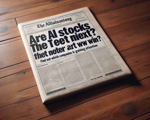 An image of a newspaper headline that reads 'Are AI Stocks the Next Big Win? Find Out Which Companies Are Gaining Attention'. The newspaper should be resting on a wooden table, photographed in high-definition with a realistic aesthetic. The newspaper itself should appear crisp and legible.