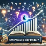 High definition realistic visual representation of the conceptual question 'Can Palantir Keep Rising?' The scene should include a graph chart with a rising trend line, representing the growth of the Palantir company. The background should be filled with surprising elements such as open books symbolizing insights, bright light bulbs illustrating ideas, and question marks indicating uncertainty.