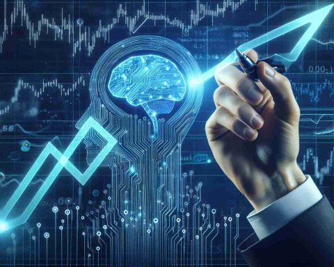 Create a detailed high-definition image illustrating the concept of artificial intelligence revolution. Show a symbolic representation of SMCI stock forming an upward trend, indicating a surge. Incorporate subtle themes suggesting that a major innovation in technology is imminent and generate interest among potential investors.