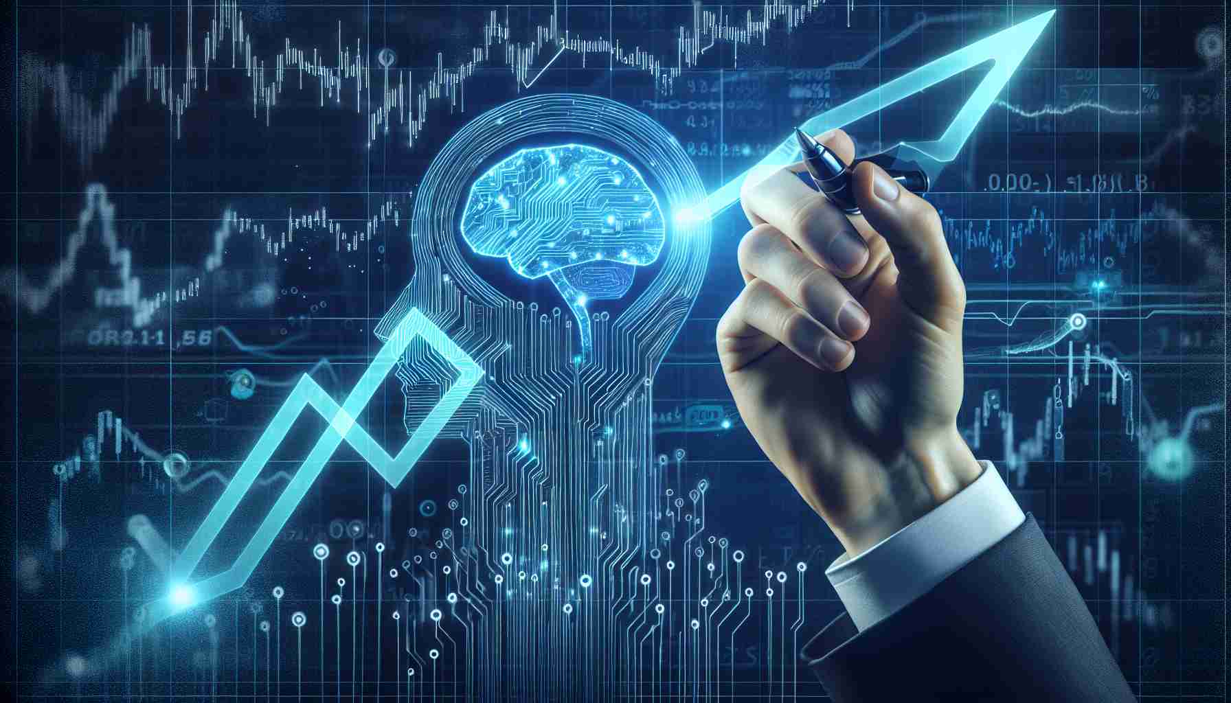 Create a detailed high-definition image illustrating the concept of artificial intelligence revolution. Show a symbolic representation of SMCI stock forming an upward trend, indicating a surge. Incorporate subtle themes suggesting that a major innovation in technology is imminent and generate interest among potential investors.