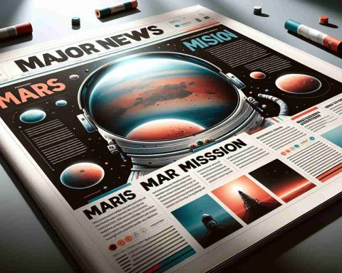 Detailed realistic HD image of a major news headline announcing an upcoming Mars mission. The image should depict the front page of a newspaper with an engaging title about the mission, an astronaut helmet symbolizing the quest, and an artistically illustrated Mars planet in the background. Rounded text snippets around the headline provide additional information, as colored columns detail related news and features for bolstering the excitement. Dramatic play of lights and shadow should make the page pop-out, resembling a print media layout.