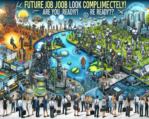 A detailed high-definition image that illustrates the concept of an evolved, future job market. There are robots working alongside humans, advanced technologies being utilized, and innovative workplaces. Humans of various descents and genders are seen adapting and blending into the changed professional environment. Virtual reality stations, green energy sources, and artificial intelligence integrated systems are around. This concept is artistically expressed on a billboard with the phrases 'The Future Job Market Will Look Completely Different! Are You Ready?'