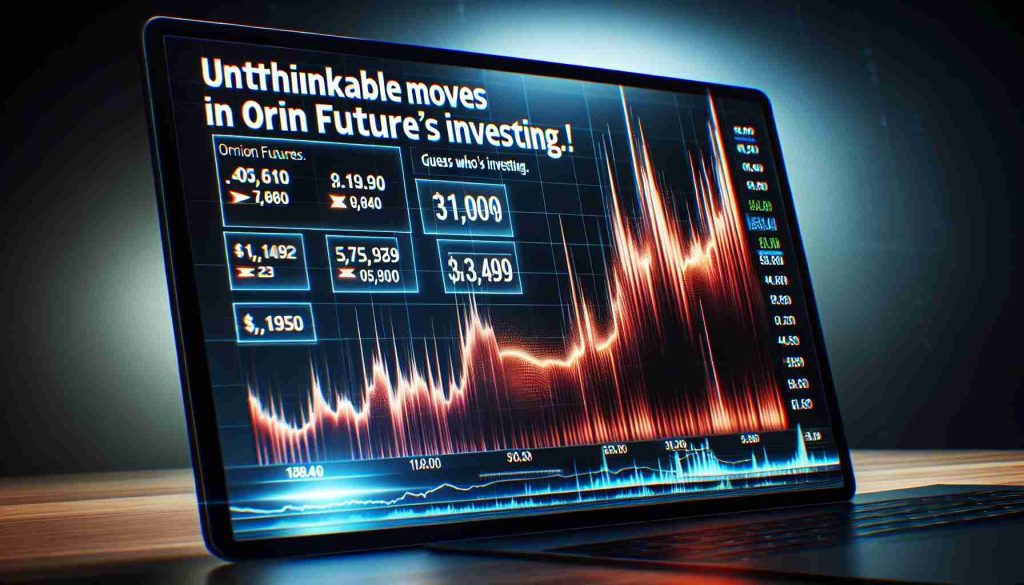 An incredibly realistic and high-definition image of a stock chart presented on a modern, sleek interface. The stock in focus is the fictional 'Orion Futures'. The chart shows sharp, dramatic fluctuations, indicating some unbelievable moves. An overlay text is visible in bold, captivating font which reads 'Unthinkable Moves in Orion Futures Stocks! Guess Who's Investing.'