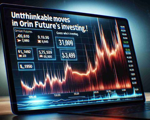 An incredibly realistic and high-definition image of a stock chart presented on a modern, sleek interface. The stock in focus is the fictional 'Orion Futures'. The chart shows sharp, dramatic fluctuations, indicating some unbelievable moves. An overlay text is visible in bold, captivating font which reads 'Unthinkable Moves in Orion Futures Stocks! Guess Who's Investing.'