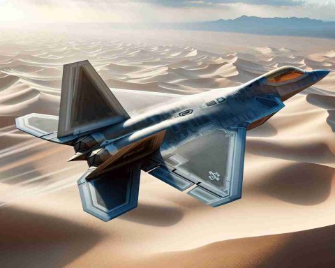 A realistic, high-definition depiction of an F-22 Raptor, a modern combat aircraft, as it adapts to new challenges in the Middle Eastern terrain. The aircraft is showcased against the backdrop of vast sand dunes under a clear sky, demonstrating its agility and advanced technology in reacting to unidentified threats.