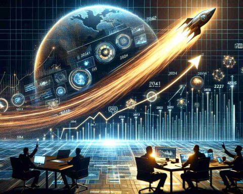 Create a realistic, high-definition image portraying the meteoric rise of a hypothetical technology company. The visualization should represent the increasing popularity and buzz it has created in the year 2024. Include metaphoric elements such as a speeding comet or a soaring chart to depict its grand success.