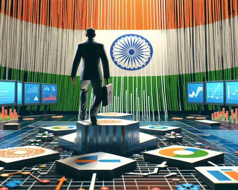 Render a realistic, high-definition image of India taking a major leap into the global data revolution. It signifies a massive advancement for the field of statistics. Visualize this step as a metaphorical stepping stone where a South-Asian individual is stepping onto a platform inscribed with data-related symbols and charts, against the backdrop of the Indian tricolor. The surroundings are filled with screens and gadgets representing data analytics. Please maintain the pride, zeal, and momentous atmosphere in the image.