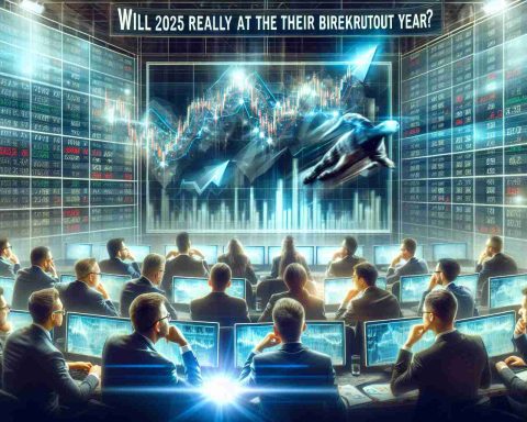 Generate a realistic high-definition image that represents the concept of soaring stocks for a generic technology company. Show investors enthusiastically awaiting revelations of major announcements, perhaps through the depiction of poised and eager businesspeople intently watching prices on computer screens. Also include the text 'Will 2025 Really Be Their Breakout Year?' to represent anticipation for future success.