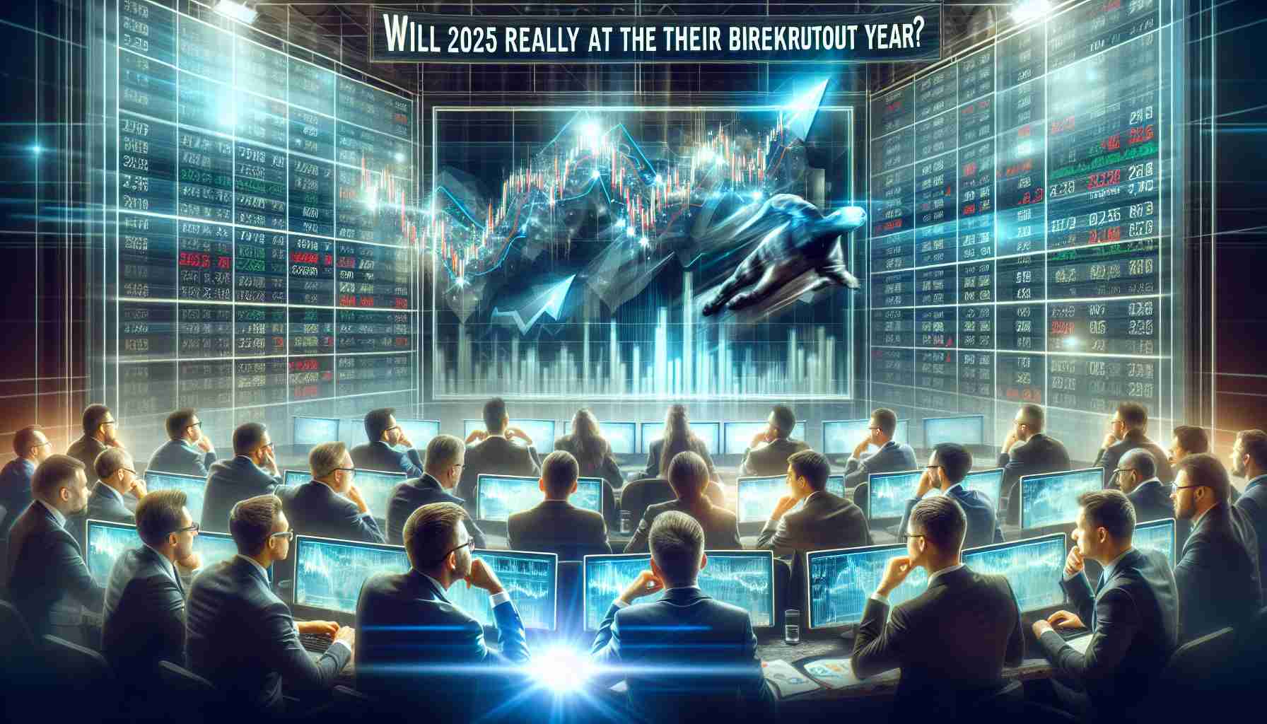 Generate a realistic high-definition image that represents the concept of soaring stocks for a generic technology company. Show investors enthusiastically awaiting revelations of major announcements, perhaps through the depiction of poised and eager businesspeople intently watching prices on computer screens. Also include the text 'Will 2025 Really Be Their Breakout Year?' to represent anticipation for future success.